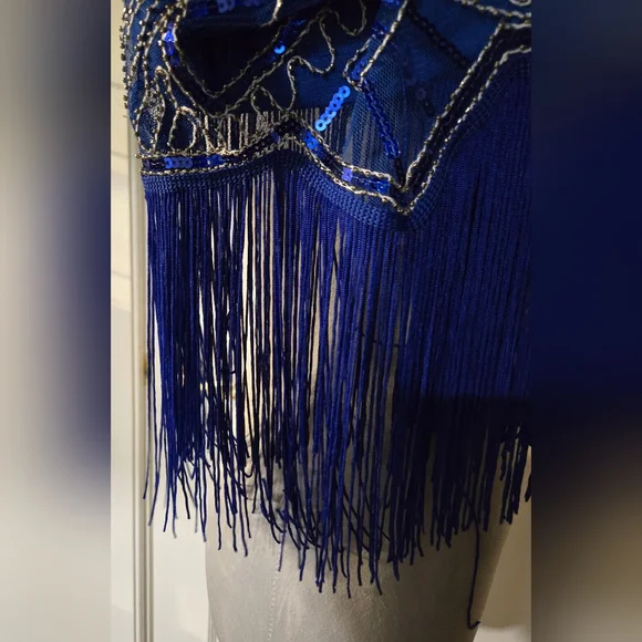 Sequins beads & stitching ROYAL blue flapper-style dress long fringe sz S - Picture 5 of 10